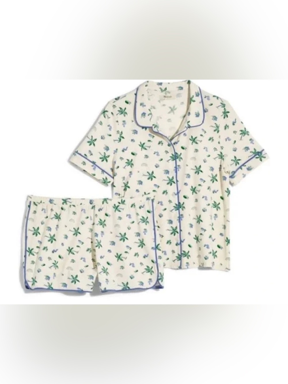 New Madewell Cream Palm Floral Short Pajama Set with Blue Trim XXL